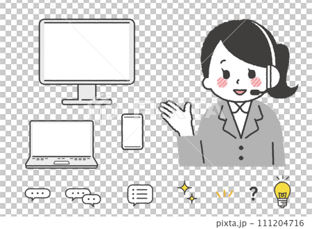 オペレーターをしている人物イラスト。コールセンターで電話対応している女性。 111204716