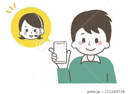 カスタマーセンターに問い合わせをする男性。笑顔で説明をするオペレーター。 カスタマーセンターに問い合わせをする男性。笑顔で説明をするオペレーター。 111204736