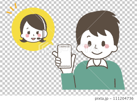 カスタマーセンターに問い合わせをする男性。笑顔で説明をするオペレーター。 カスタマーセンターに問い合わせをする男性。笑顔で説明をするオペレーター。 111204736