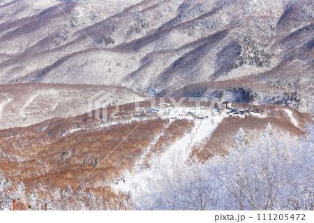 快晴の奥志賀高原スキー場の冬景色 111205472