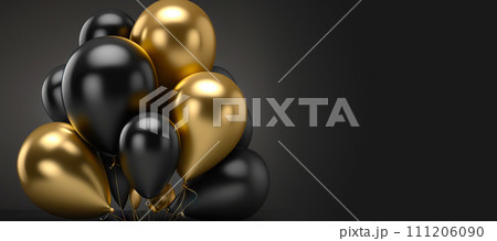 Bunch of black and golden balloons on dark background. Party decoration. Generative AI 111206090
