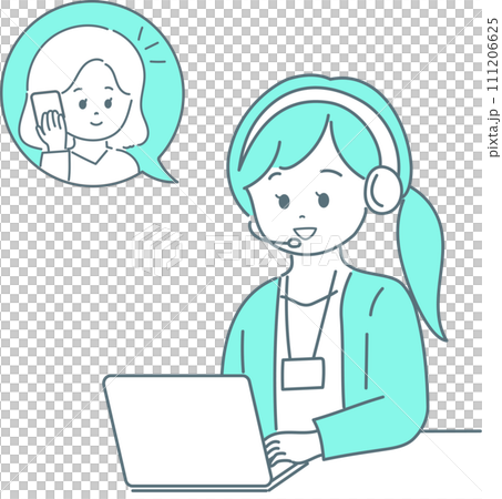 Illustration of a woman talking on a smartphone with a woman operator 111206625