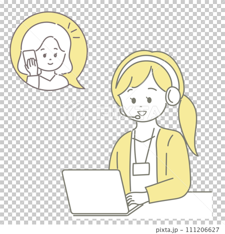 Illustration of a woman talking on a smartphone with a woman operator 111206627
