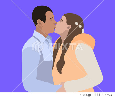 Vector isolated illustration of a kissing couple. Revealing a relationship with a kiss. A guy and a girl in love. 111207793