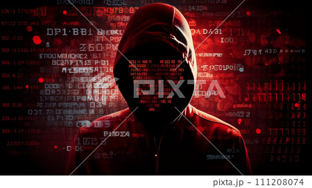 Silhouette of hacker in front of red background with binary code Silhouette of hacker in front of red background with binary code 111208074
