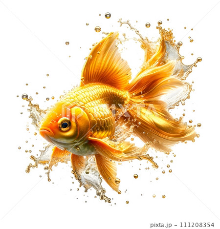 Golden fish with splashing water on white background Golden fish with splashing water on white background 111208354