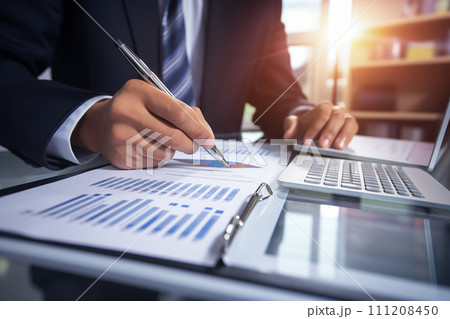 Business analyst checking in financial statement for audit internal control system. Accounting and Financial Concept, AI generate. 111208450