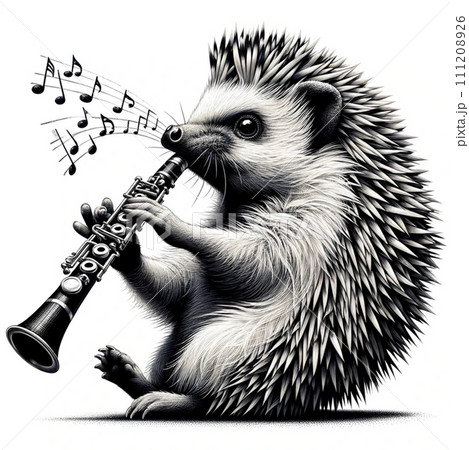 クラリネットで演奏しているハリネズミ 111208926