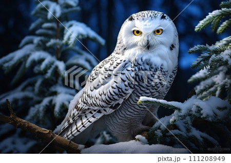 Image of snowy owl on a branch in the forest. Birds. Animals. Illustration, Generative AI. 111208949