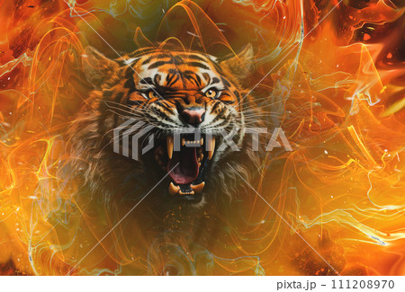 The head of the Roaring Tiger against a background of fiery flames 111208970