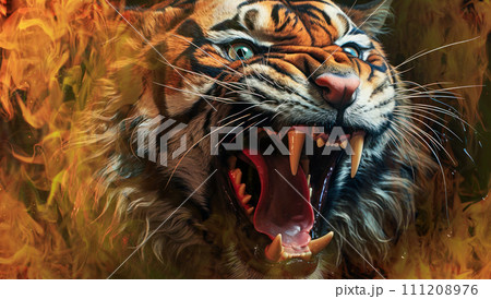 The head of the Roaring Tiger against a background of fiery flames 111208976