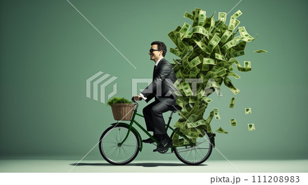 Businessman riding a bicycle with a basket full of money on a green background 111208983