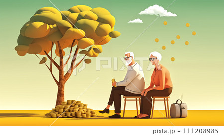 Elderly people pensioners sitting on a bench in the park. Vector illustration 111208985