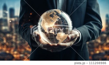Close up of businessman holding Earth planet in his hands. 3D rendering 111208986