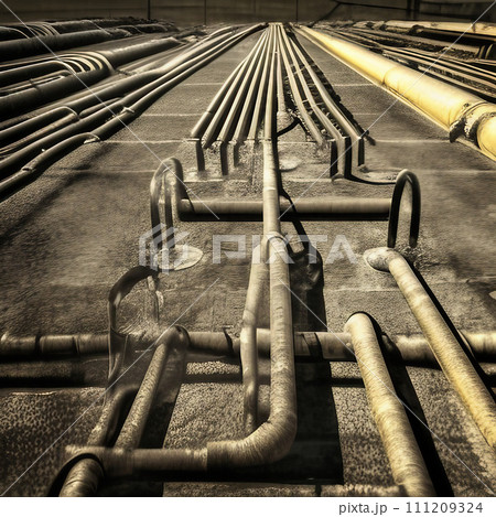 AI-generated content. Row of Pipes in a Warehouse. Generative AI. 111209324