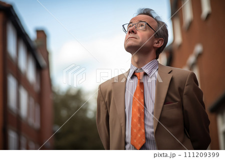 Handsome middle-aged man in a business suit and glasses looking up 111209399