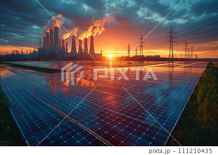 Field with solar panels and coal power plant 111210435
