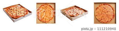Cardboard box with pizza vector set isolated on white background 111210948