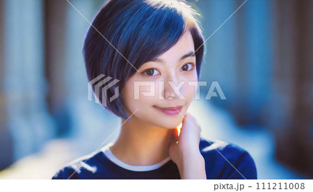 street snapshot of beautiful Asian woman with short haircut, 16:9 widescreen image 111211008