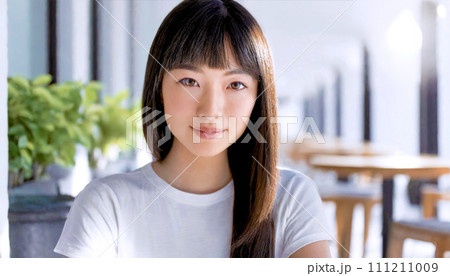 snapshot of beautiful Asian woman with long straight hair, 16:9 widescreen image 111211009