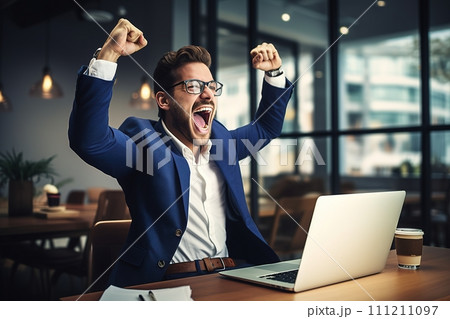 Exuberant businessman celebrating success at his laptop. Perfect for motivational business materials. AI Generated. Exuberant businessman celebrating success at his laptop. Perfect for motivational business materials. AI Generated. 111211097