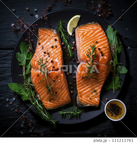 Top view. Photorealistic image of a salted salmon dish with seasonings and herbs 111211761