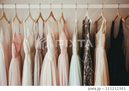 Womens wardrobe, beautiful party dresses on hangers in the closet on a beige wall background Womens wardrobe, beautiful party dresses on hangers in the closet on a beige wall background 111212301
