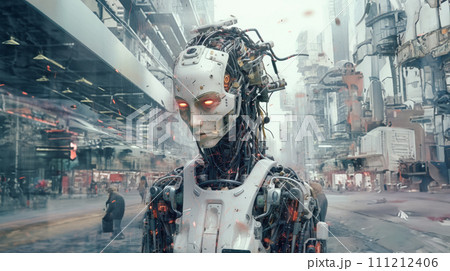 AI-generated content. Artificial Intelligence Robot Standing in a Futuristic City 111212406