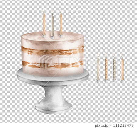 Sweets birthday cake on a stand with gold and silver color candles. Watercolor light illustration of design for holidays or wedding pastel colors. Hand drawn illustration on isolated white background. 111212475