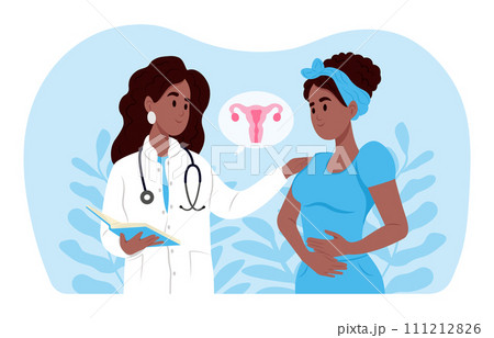 A black family doctor talks to a patient with uterine endometriosis. Endometriosis Awareness Month Poster Design 111212826