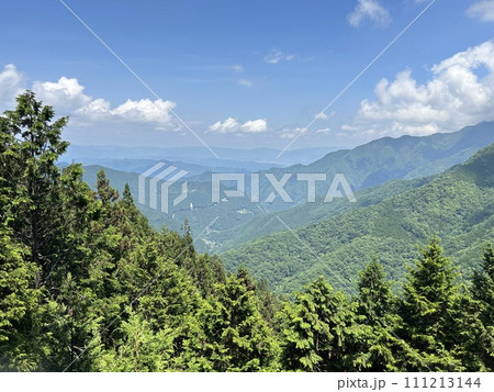 6月末、埼玉県秩父市の神社、三峯神社の奥宮遥拝殿から見下ろす緑の山々の風景です。 111213144