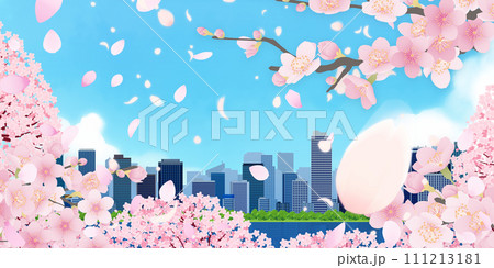 桜咲く、青空と桜のある街並み 111213181