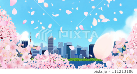 桜咲く、青空と桜のある街並み 111213186