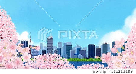 桜咲く、青空と桜のある街並み 111213188