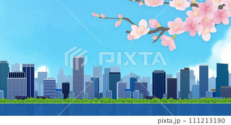 桜咲く、青空と桜のある街並み 桜咲く、青空と桜のある街並み 111213190