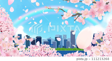 桜咲く、青空と桜のある街並み 111213268