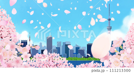 桜咲く、青空と桜のある街並み 111213300