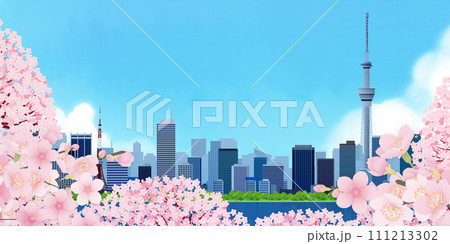 桜咲く、青空と桜のある街並み 111213302