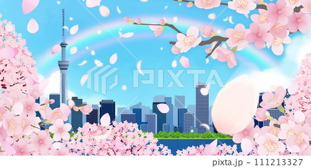 桜咲く、青空と桜のある街並み 111213327