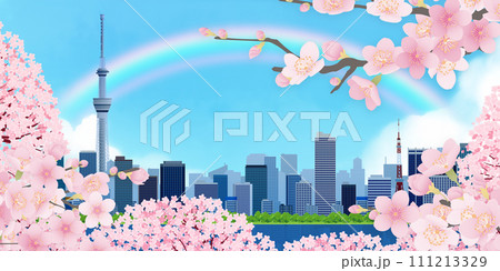 桜咲く、青空と桜のある街並み 111213329
