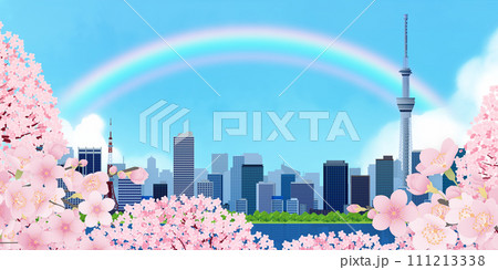 桜咲く、青空と桜のある街並み 111213338