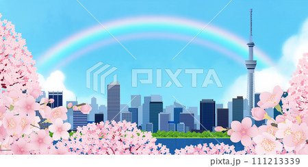 桜咲く、青空と桜のある街並み 111213339