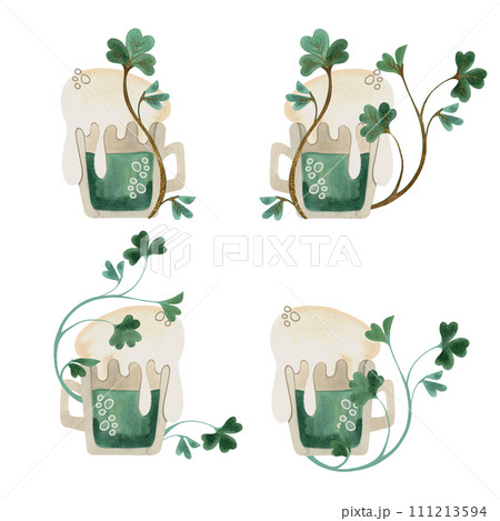 Set of glass mugs of green ale with high foam is entangled with shamrock clover. Beer. Symbol of Ireland. St.Patrick 's Day. Isolated watercolor illustration in vintage style. 111213594