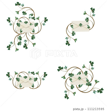 Se of white paper mailing envelopes with green four leaf clover for St. Patrick's Day invitation entangled with shamrock clover. Isolated watercolor illustration on white background. Clipart. 111213595