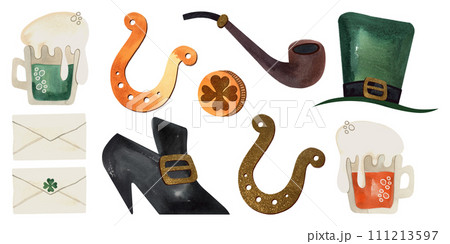 Leprechaun Set: Smoking pipe, old fashioned shoe with gold buckle, lucky horseshoes and four leaf clover coin, beer, green ale, envelope, top hat. Isolated watercolor illustration on white background. 111213597
