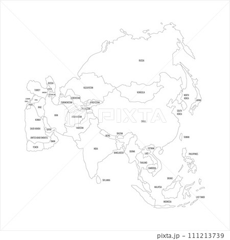 Political map of Asia. Thin black outline map with country name labels on white background. Ortographic projection. Vector illustration 111213739