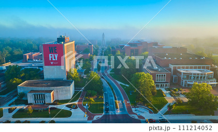 Ball State University foggy morning, glorious summer sunrise Muncie, Indiana 111214052