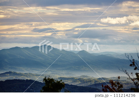 Serene Smoky Mountain Sunrise with Misty Valleys - Elevated View 111214236