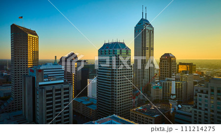 Aerial Golden Hour Skyline of Indianapolis with Sunset Glow 111214275