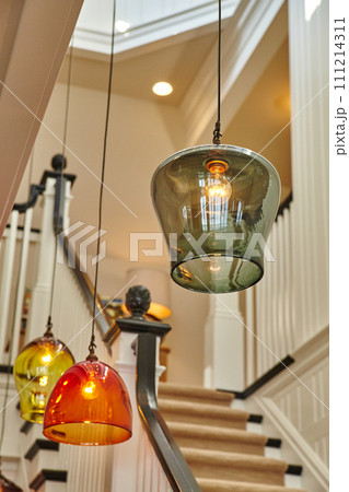 Vintage Pendant Lights in Stylish Interior with Staircase View 111214311